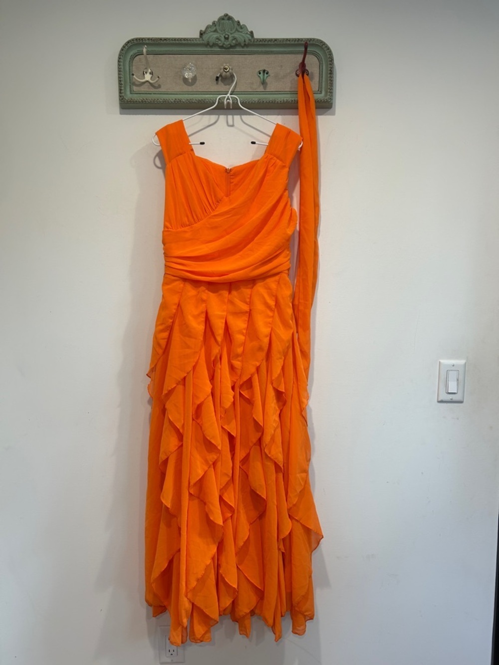 Soo Linen Orange Ruffled Maxi Evening Dress Sleeveless Chiffon Gown women small